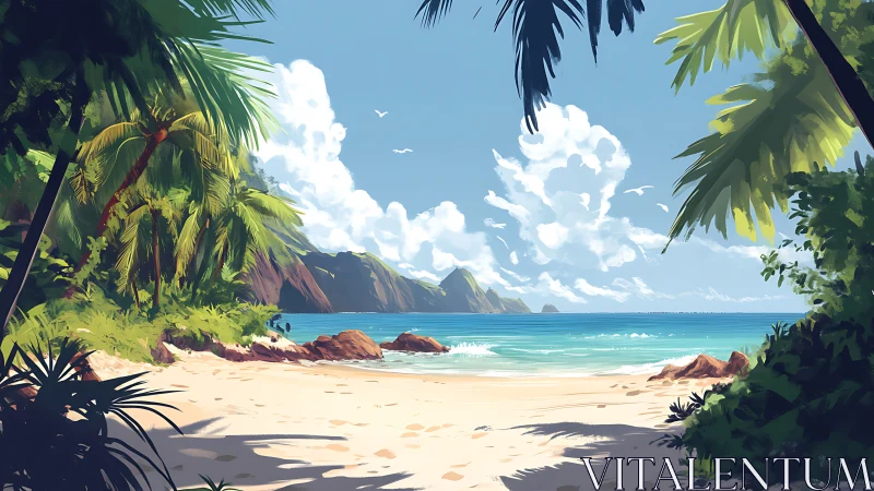 Tropical Coastal Paradise: Palm-Fringed Beach with Mountain Backdrop.