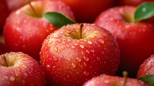 Close-up of red apples with water droplets in focus.