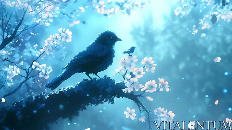 Moonlit feathered guardians over blossom-lit branches.