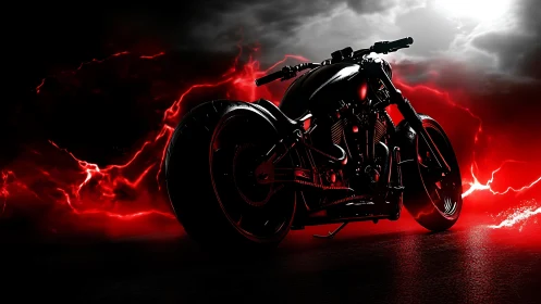Custom black motorcycle with red lightning storm backdrop.