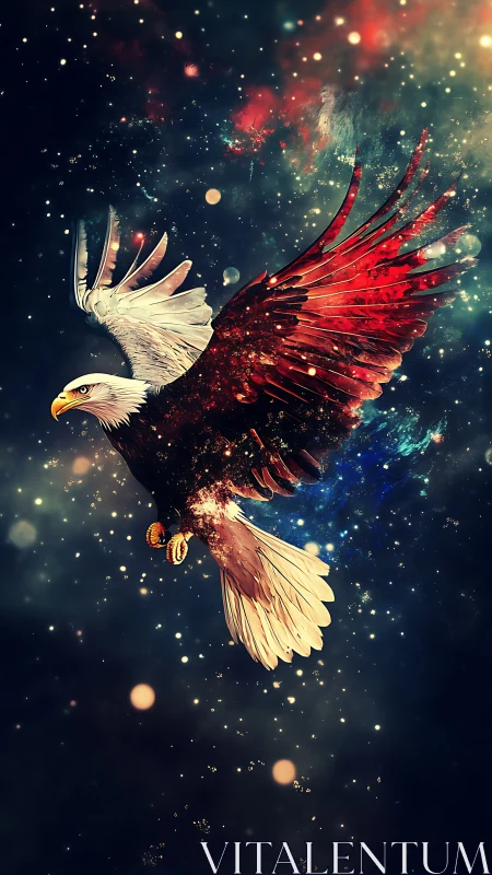 Cosmic bald eagle with red wings soaring in starry space.