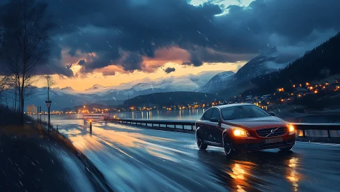Red sedan on wet lakeside highway at dusk in mountains.