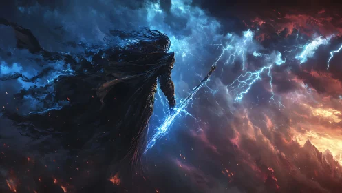 Stormbound warrior calls lightning across a burning sky