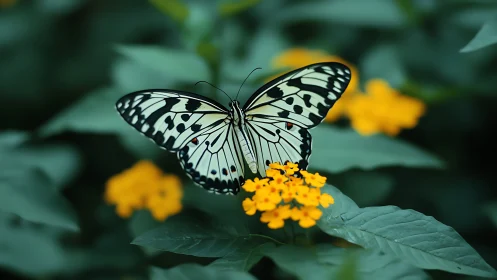 High-magnification study of black-spotted butterfly on lantana.