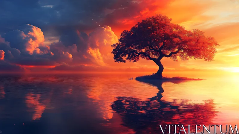 Solitary tree over radiant sunset water horizon.