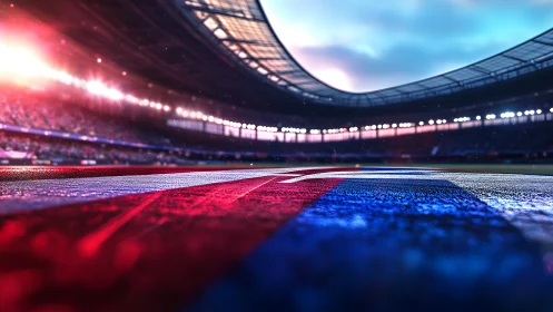 Stadium lights and bold field stripes before the big game.