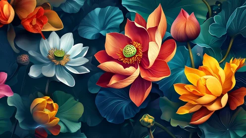 Botanical Illustration of Lotus Flowers Against Dark Teal Foliage