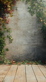 Rustic garden wall with creeping ivy over wooden floorboards.