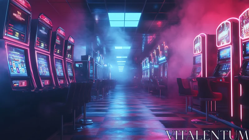 Neon slot machines whisper down a foggy retro arcade aisle