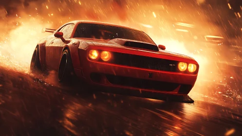 Muscle car drifts through wet city street under blazing rain