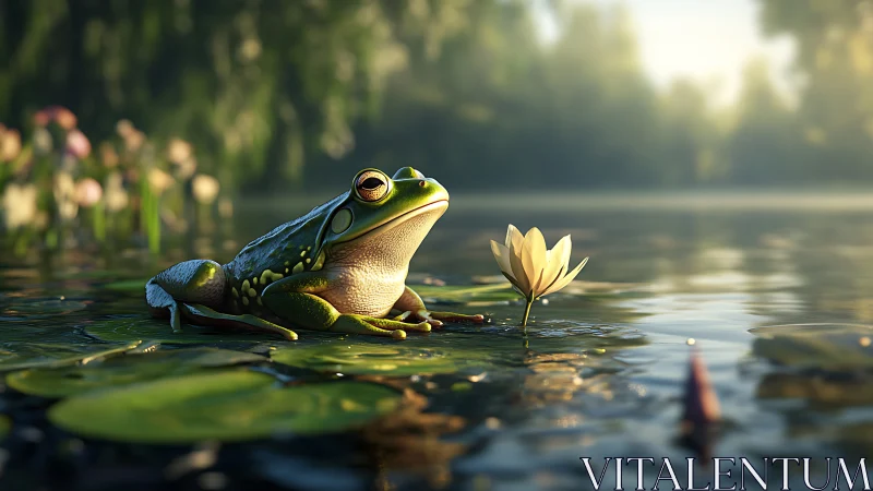 Pond philosopher frog greeting a sunrise lily in hush.