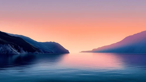 Coastal inlet with opposing headlands at pastel twilight.