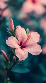 Pink Hibiscus Blooms Against Teal Bokeh Garden Background.