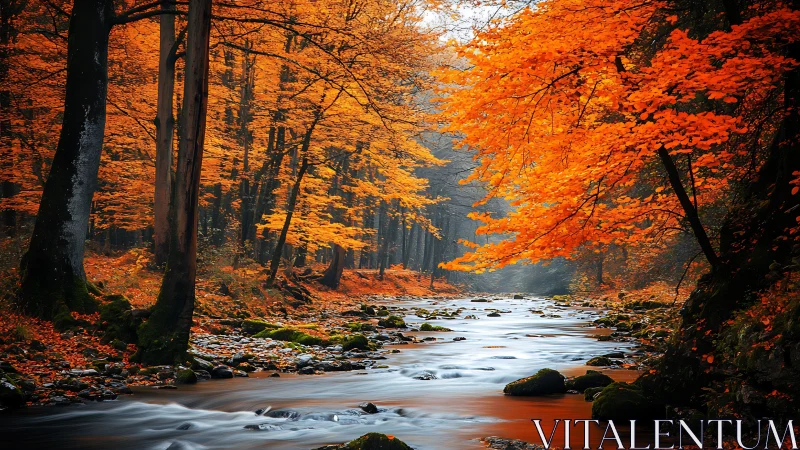 Autumn forest stream with dense deciduous woodland coverage.
