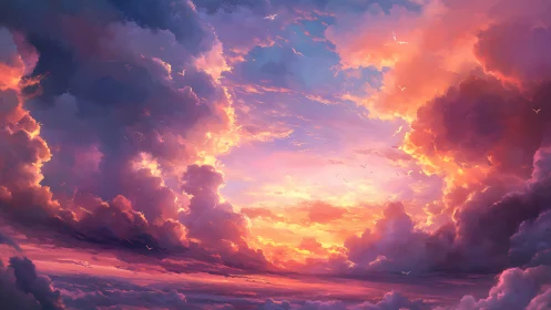 Radiant storm clouds framing a luminous sunset skyscape.