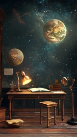 Cozy stargazer’s desk where quiet study meets deep space.