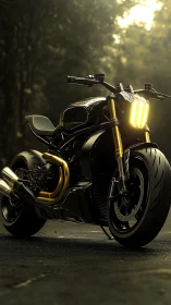 Electric streetfighter motorcycle with gold accent hardware.