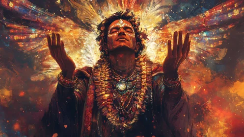 Radiant shamanic figure channeling energy through luminous wings