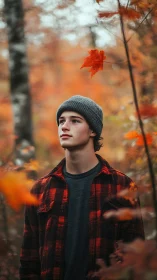 Young man in flannel amid soft-focus autumn foliage.