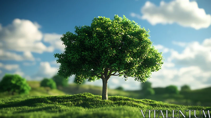 Sunlit green tree resting peacefully on a rolling meadow.