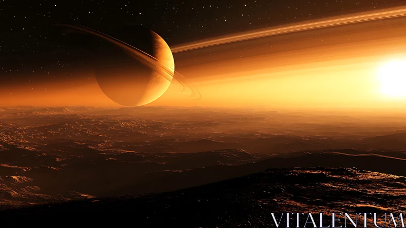 Saturn rising over alien desert horizon at golden dawn.