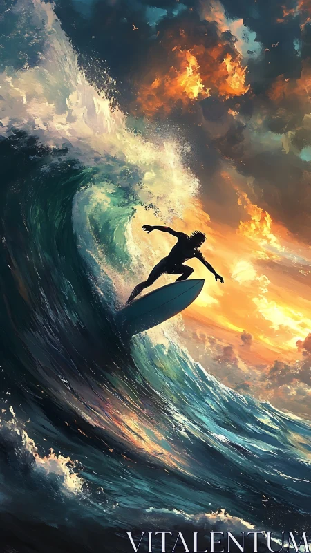 Sunlit surfer rides a towering wave beneath flaming skies