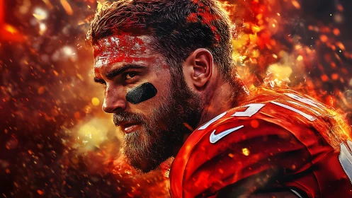 Digital painting of intense football player in fiery bokeh field.