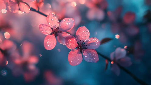 Pink blossoms with water droplets rendered in soft focus depth field composition