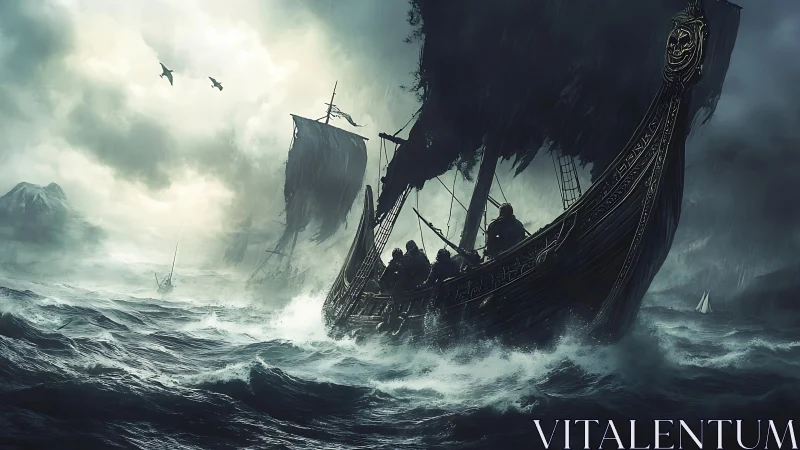Storm-lashed Viking longships carve fury from iron seas.