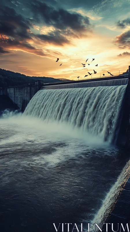 Sunlit hydropower dam with cascading spillway and birds at dusk.