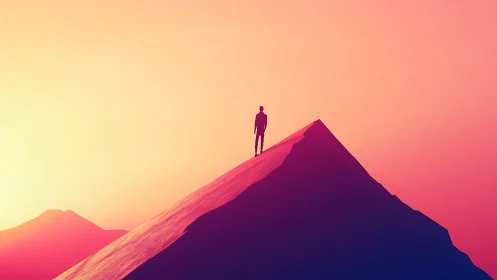 Silhouette stands on angular ridge under gradient sky