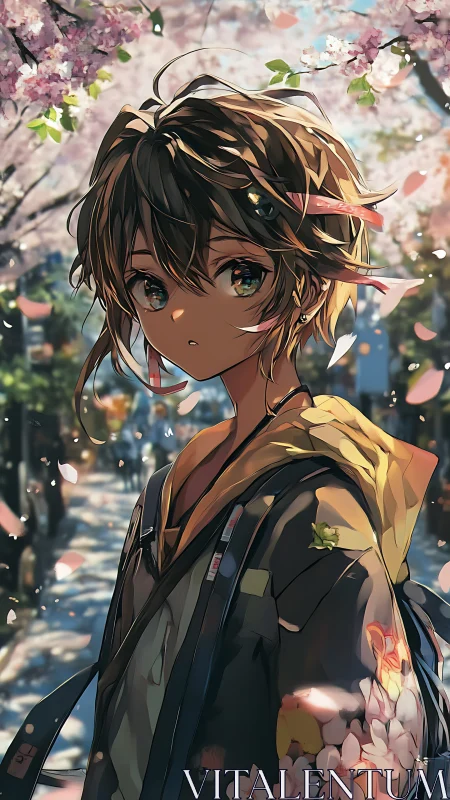 Cherry blossom wanderer pauses beneath a drifting petal sky.