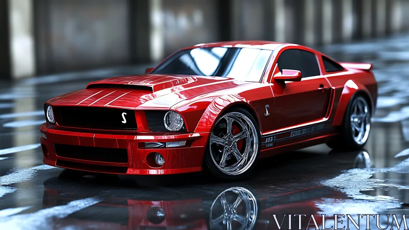 Crimson muscle machine prowls a glossy warehouse runway