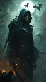 Hooded skeletal figure stands under moon with bats overhead