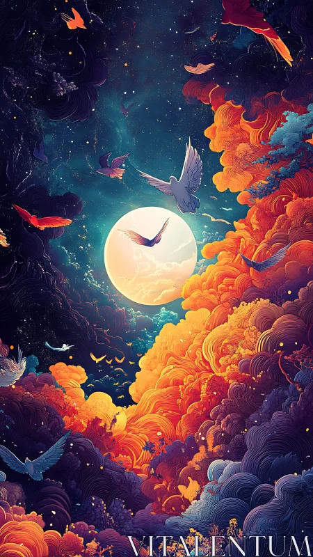 Moonlit birds soar through vivid nebula cloud currents.
