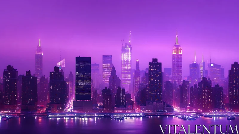 Neon purple skyline glows above a misty urban waterfront.