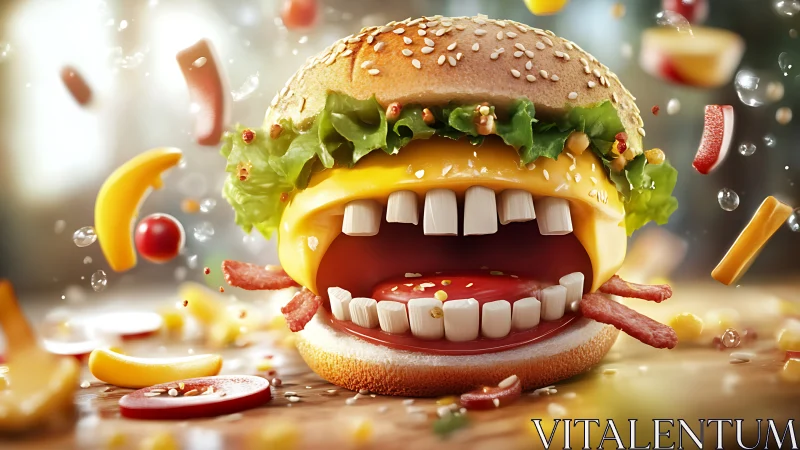 Toothy cartoon burger monster bites through flying snacks.