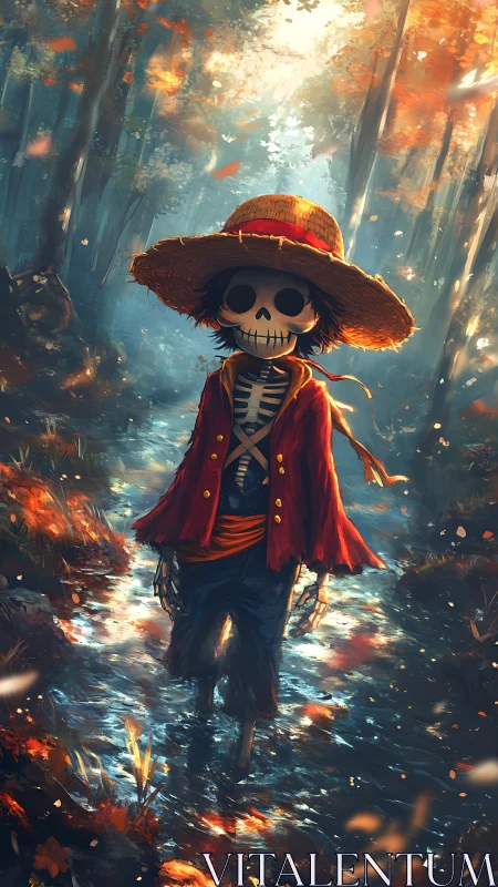 Skeleton pirate youth stands in glowing autumn forest stream
