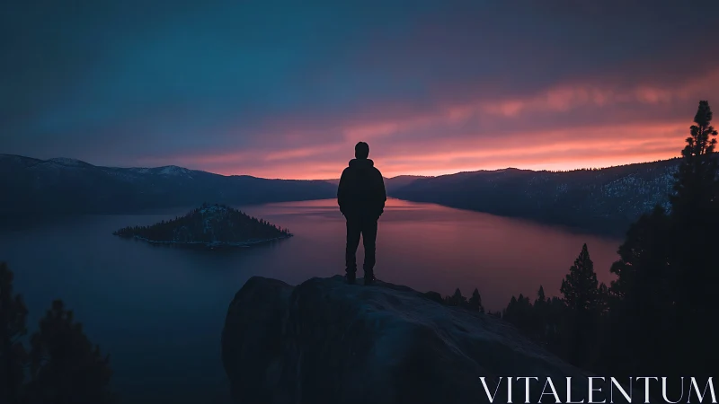 Quiet silhouette at sunrise over a glassy mountain lake.