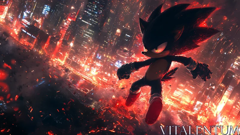 Shadowed speedster ignites a neon city in blazing revolt.