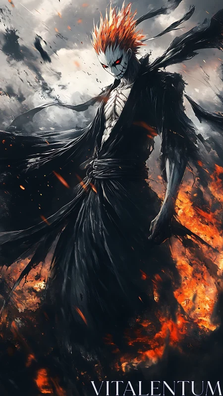 Flaming masked warrior strides through burning battlefield.