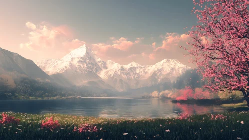 Snowy mountain lake with spring blossoms and soft sky.
