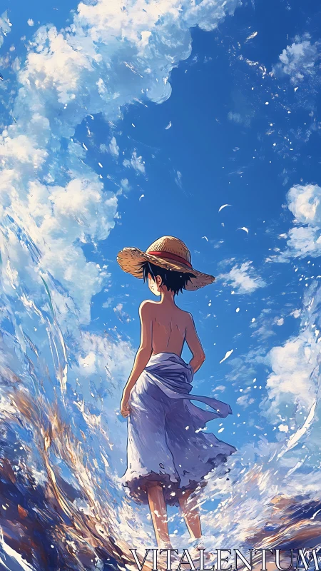 Boy in straw hat walking through surf under vast sky.