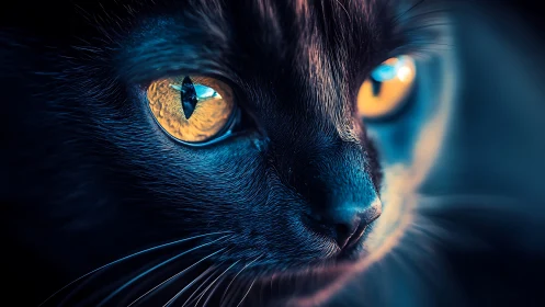 Black Cat with Golden Eyes in Dramatic Blue Light.