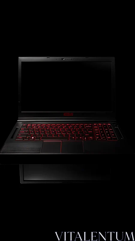 Backlit black laptop with red keyboard on dark background.