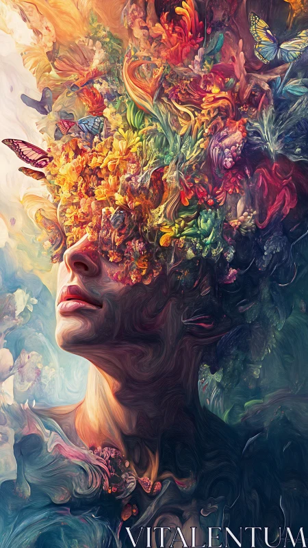 Surreal female portrait with floral crown and vivid butterflies