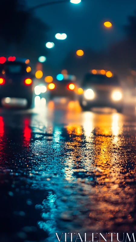 Rain-soaked city street reflects blurred neon car lights at night