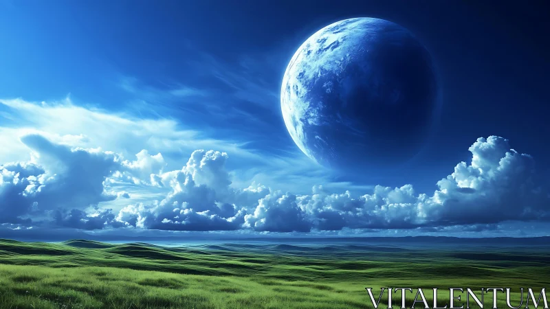 Soft alien horizon under a luminous giant blue moon.