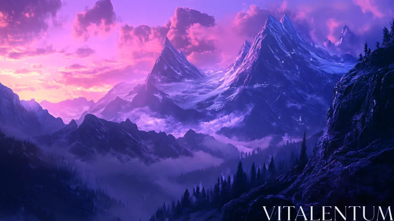 Bioluminescent twilight over glacial alpine mountain range