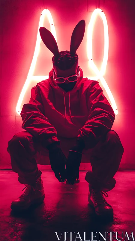 Backlit rabbit-eared figure crouches under magenta neon halo glow